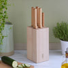 Set of knives in a wooden block on a kitchen counter with plants in the background
