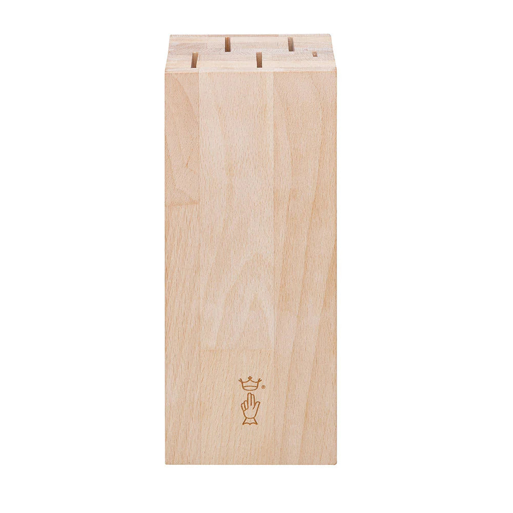 Wooden knife block with engraved logo on a white background
