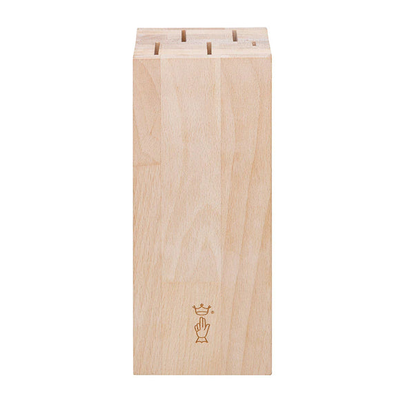 Wooden knife block with engraved logo on a white background
