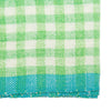 A close-up of a woven textile with a green and white gingham check pattern and a turquoise blue border along the bottom edge.