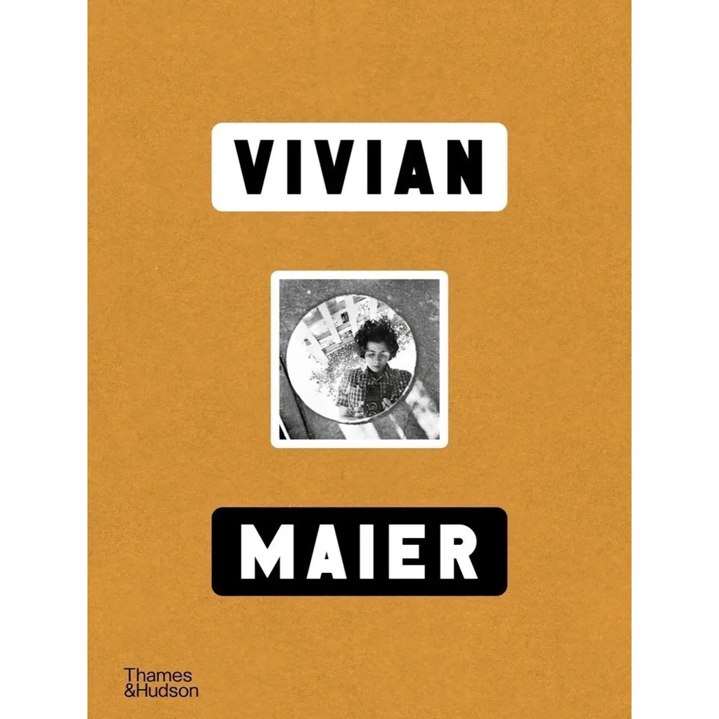 Book cover with 'Vivian Maier' text and a small black and white photo on a mustard yellow background.
