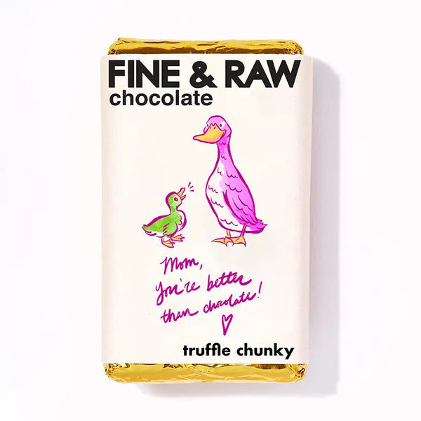Chocolate bar packaging with cartoon ducks and text on a white background