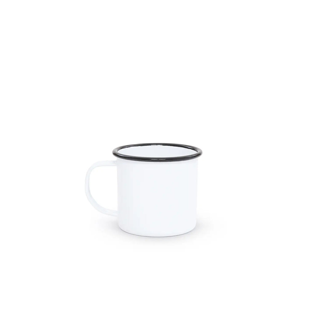 White mug with black rim on a white background