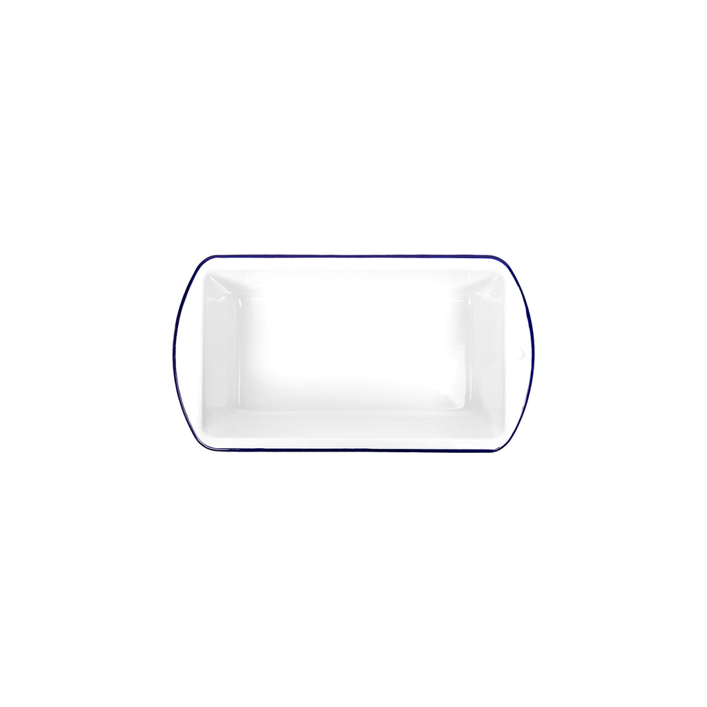 Rectangular white loaf tray with a blue rim on a white background