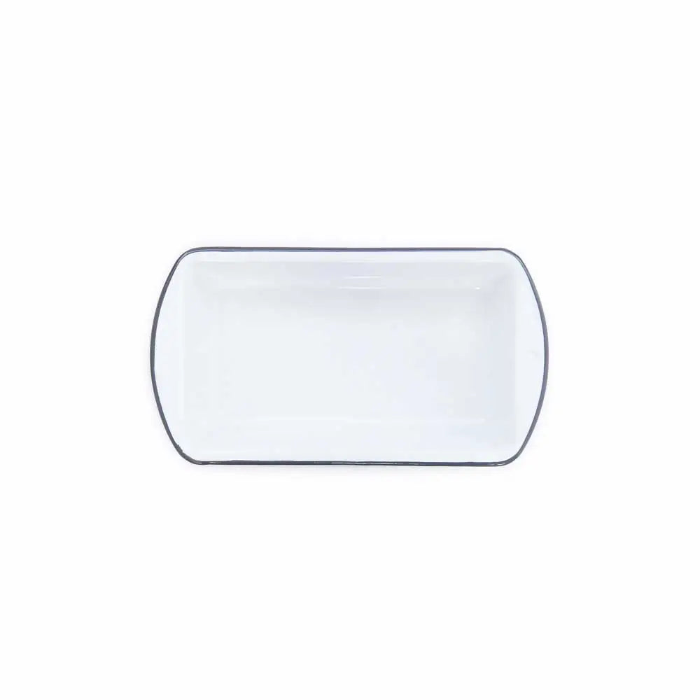 Rectangular white loaf dish with a thin black rim on a white background