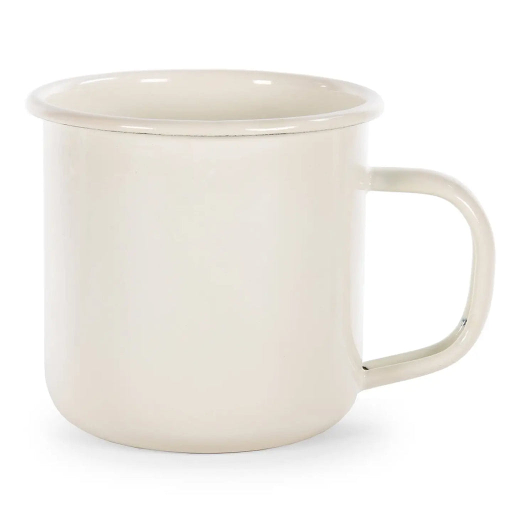 Beige enamel mug on a white background
