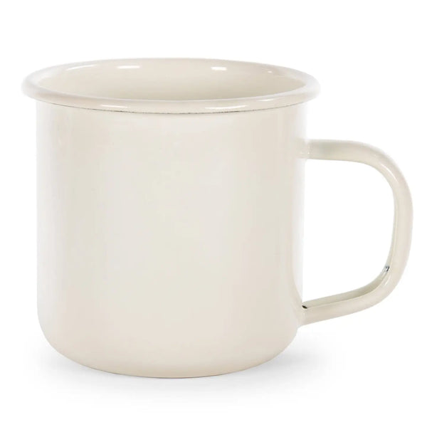 Beige enamel mug on a white background