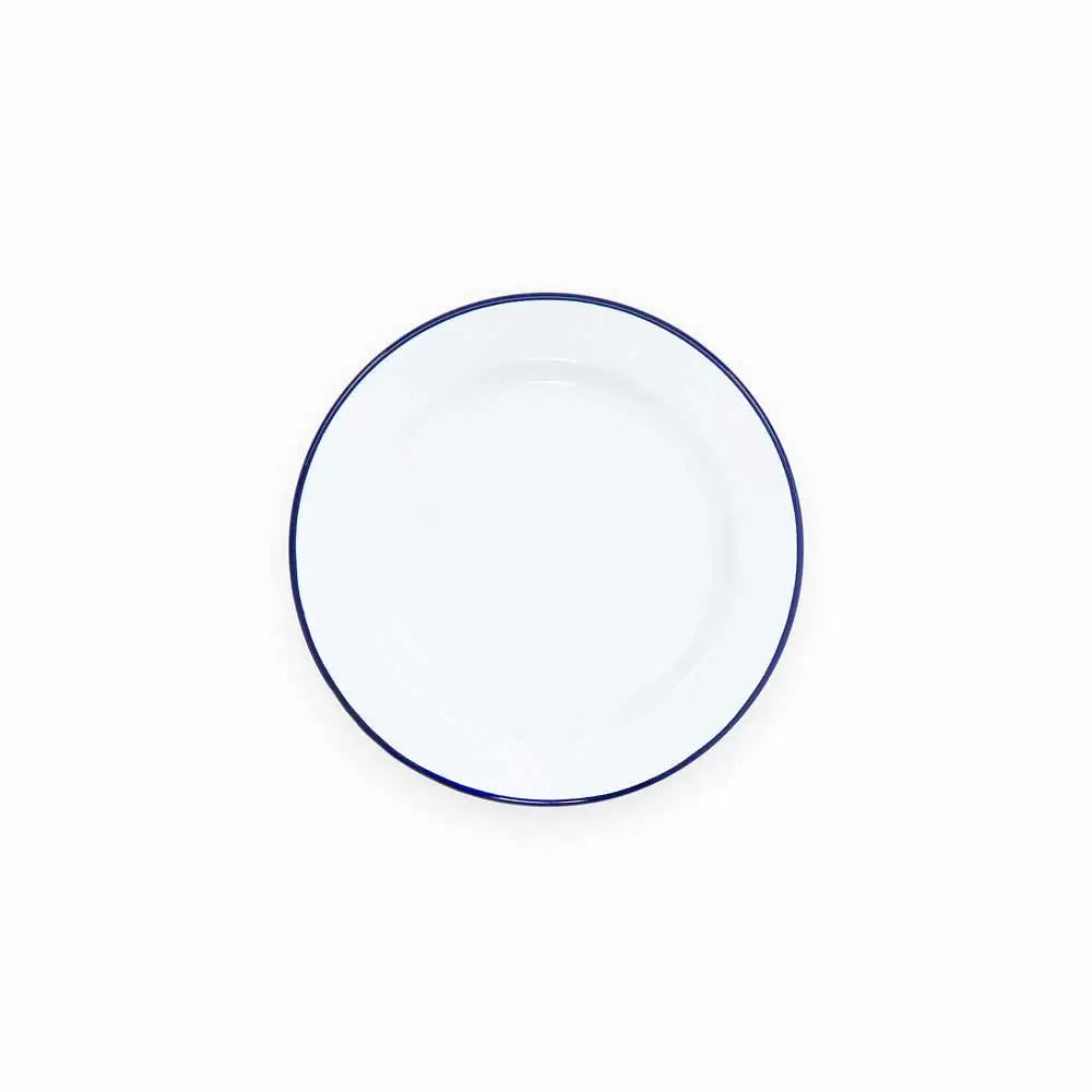 Round white plate with a blue rim on a white background