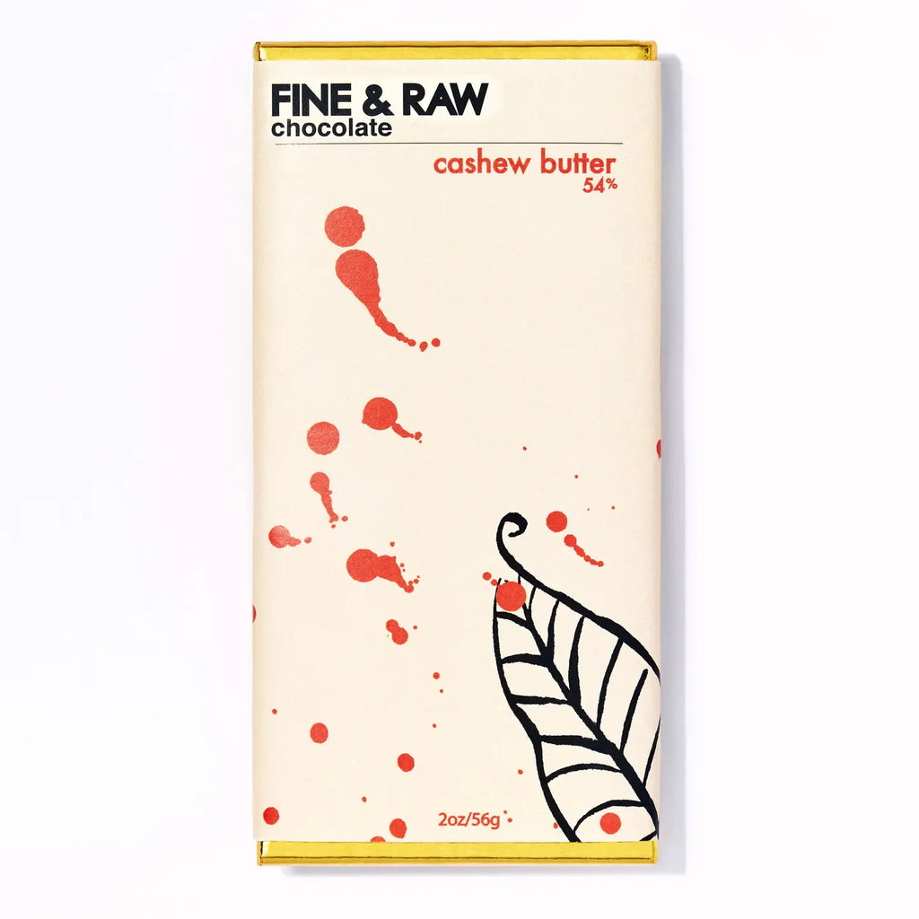 Fine & Raw chocolate bar packaging with cashew butter flavor on a white background