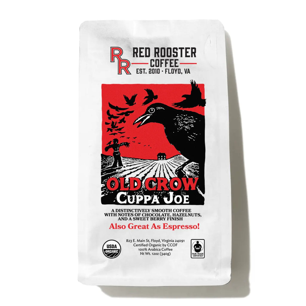 Red Rooster Coffee bag with a red and black design on a white background