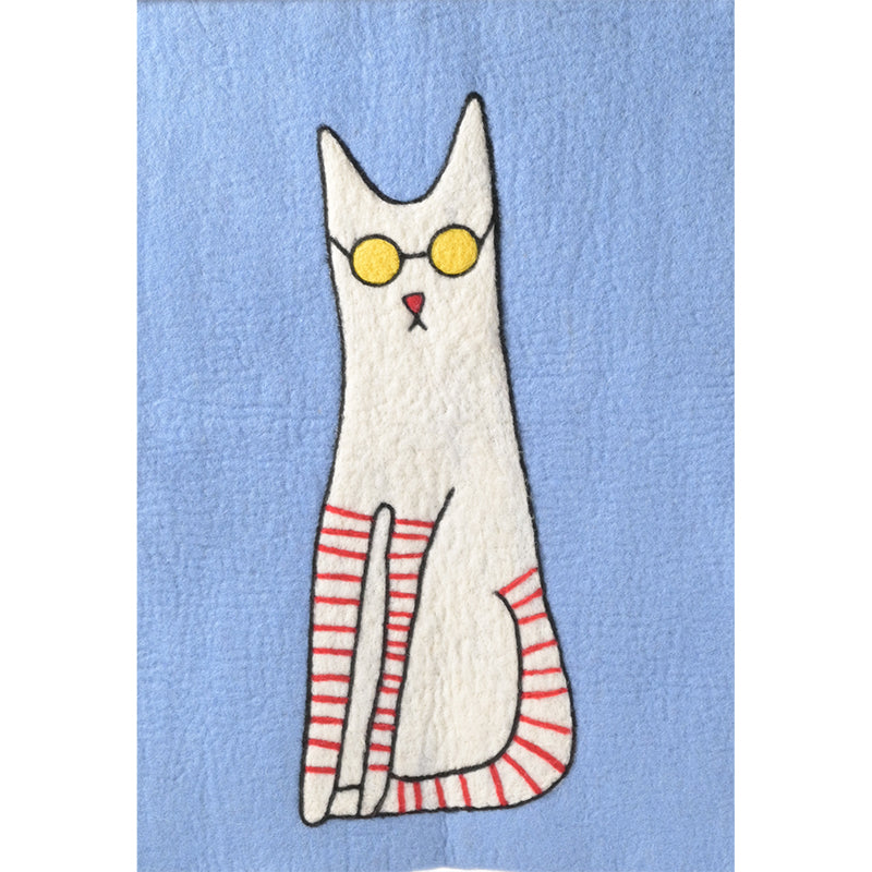 Cartoon cat with sunglasses and striped socks on a blue background