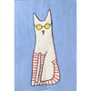 Cartoon cat with sunglasses and striped socks on a blue background