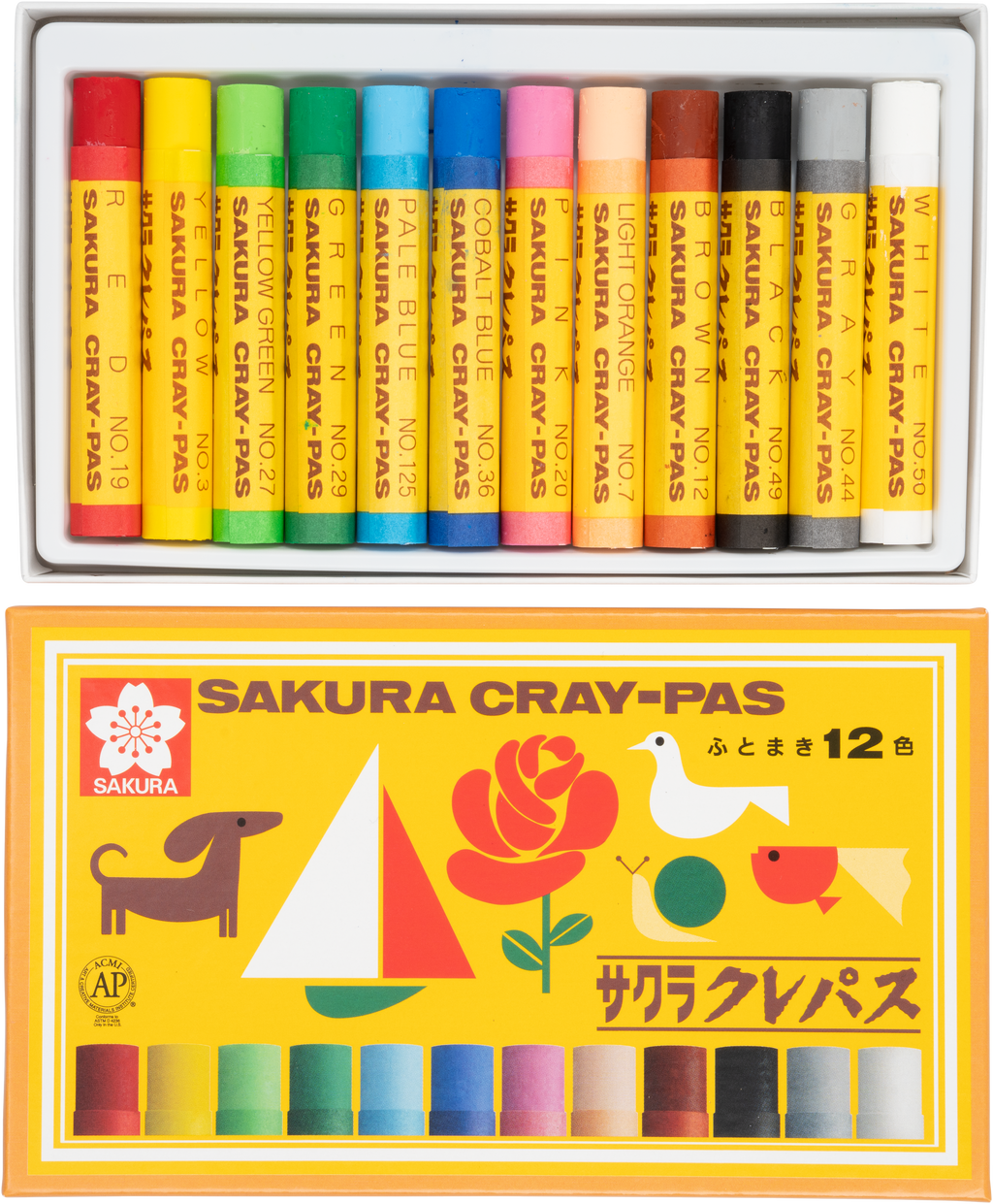 Set of Sakura Cray-Pas crayons in a box with colorful packaging.