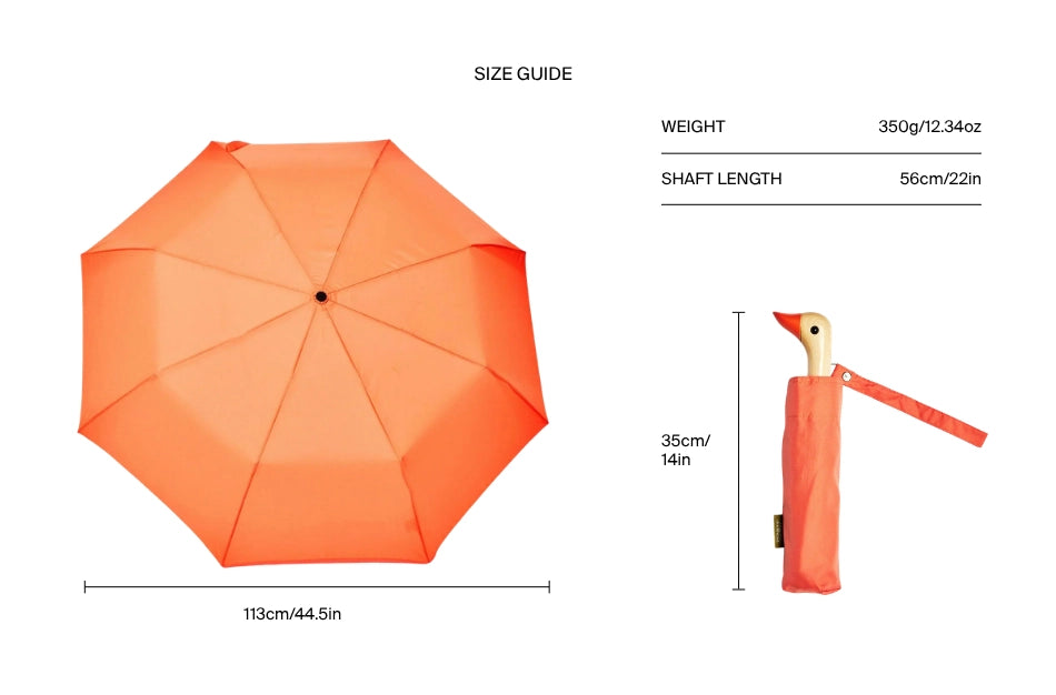 Size guide showing an open bright orange umbrella on the left with dimensions labeled 113cm/44.5in, and a folded umbrella in a sleeve on the right with dimensions labeled 35cm/14in and 350g/12.