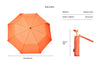 Size guide showing an open bright orange umbrella on the left with dimensions labeled 113cm/44.5in, and a folded umbrella in a sleeve on the right with dimensions labeled 35cm/14in and 350g/12.