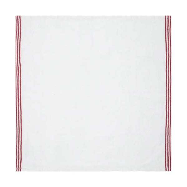 A square white napkin featuring two narrow vertical red stripes along the left and right edges, shown flat against a white background.
