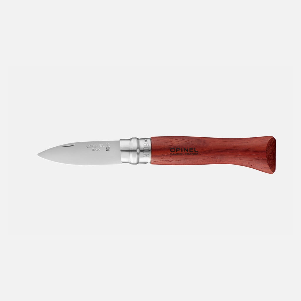 A oyster folding pocket knife with a silver stainless steel blade and a reddish-brown wooden handle, featuring the 'OPINEL' brand name printed on the handle, set against a light gray background.