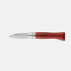 A oyster folding pocket knife with a silver stainless steel blade and a reddish-brown wooden handle, featuring the 'OPINEL' brand name printed on the handle, set against a light gray background.