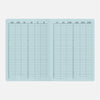 Large light blue checklist or scorecard with columns and rows on a white background