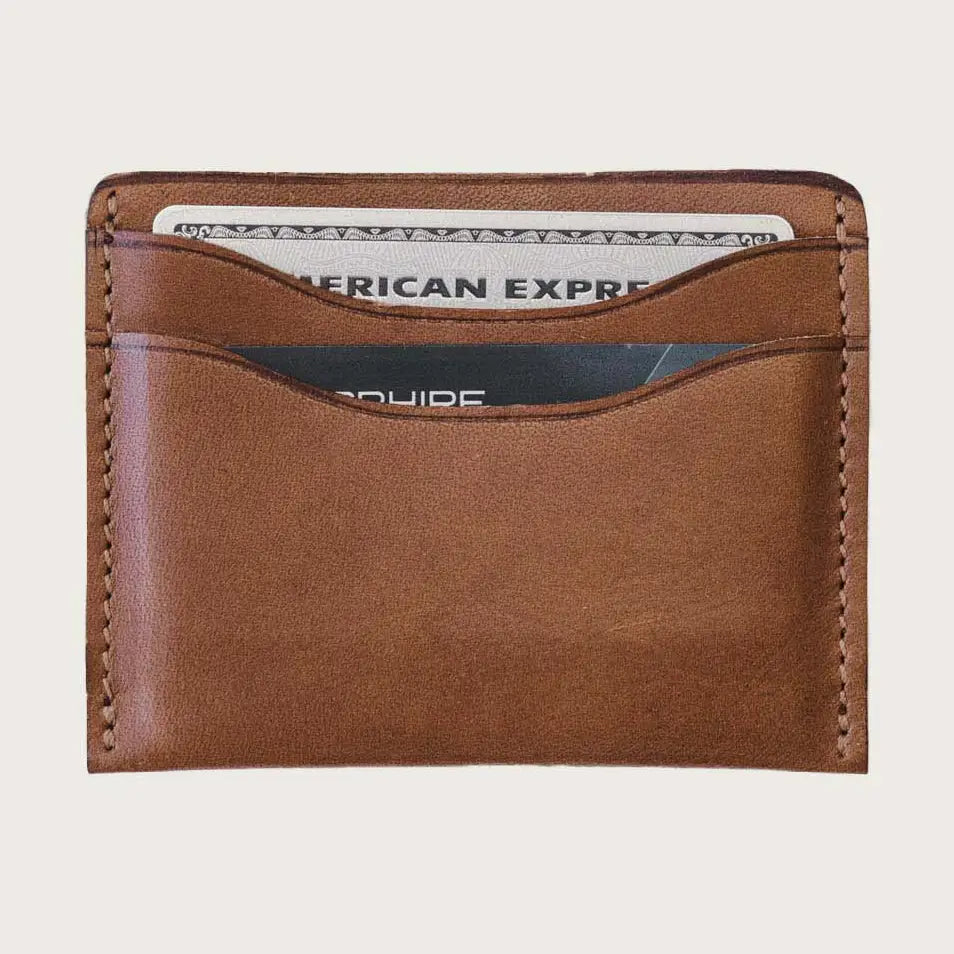 Brown leather wallet with card slots on a light gray background