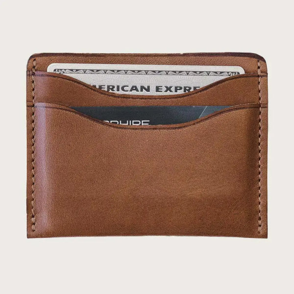 Brown leather wallet with card slots on a light gray background