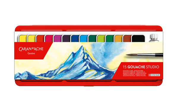 Caran d'Ache Gouache Studio set with mountain painting on a white background