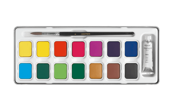 Watercolor paint set with a brush and a small bottle on a white background