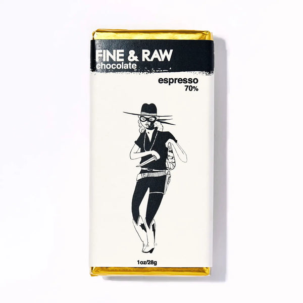 Fine & Raw chocolate bar packaging with an illustration of a person wearing a hat and coat on a white background.
