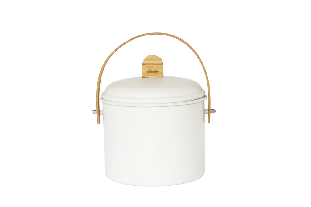 A white cylindrical scompost bin with a matching lid, featuring a light wood handle grip and a wooden carrying handle, set against a plain white background.
