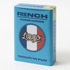 A blue metal tin of French Playing Cards by Lingo, featuring a circular French flag emblem on the front, set against a plain white background.