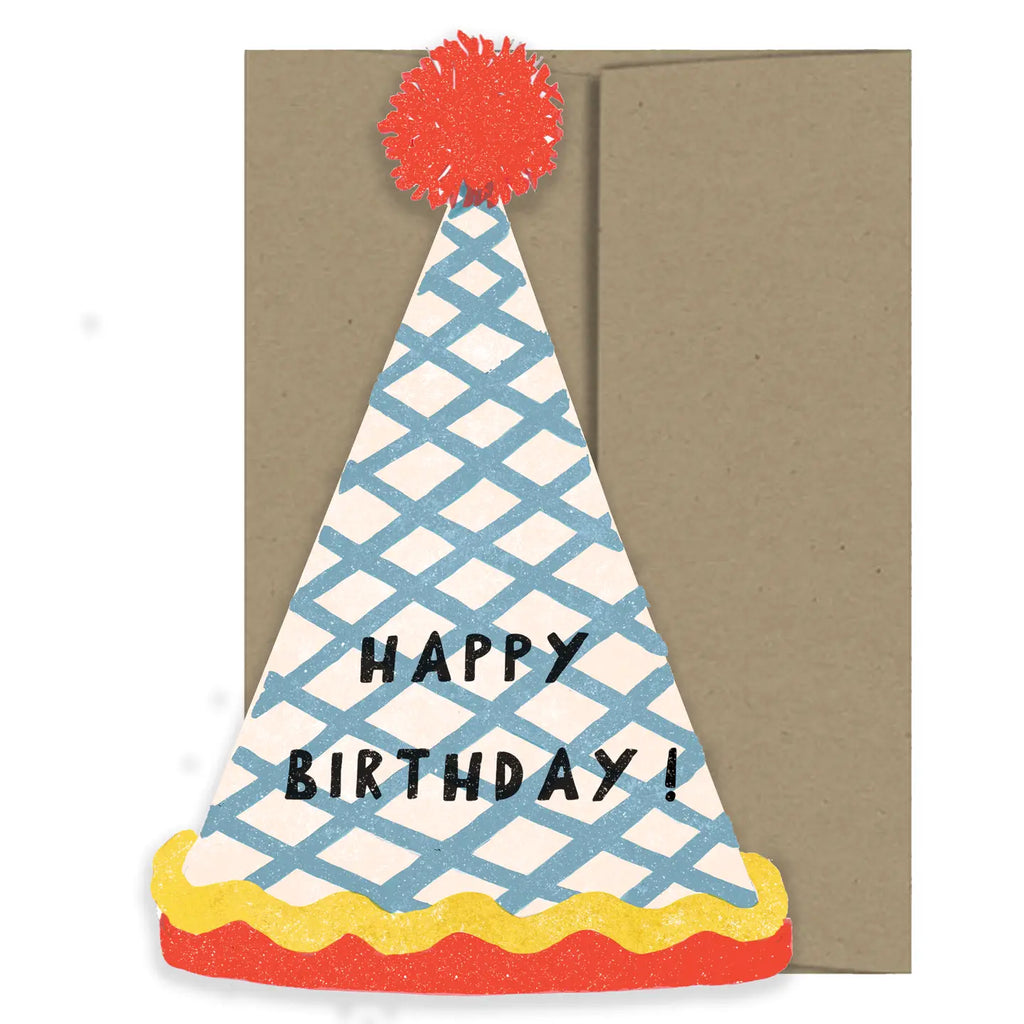 Birthday card with a party hat design and 'Happy Birthday!' text on a brown envelope.