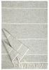 A light gray woven throw blanket with thin white horizontal stripes and fringed edges, shown folded on a white background.