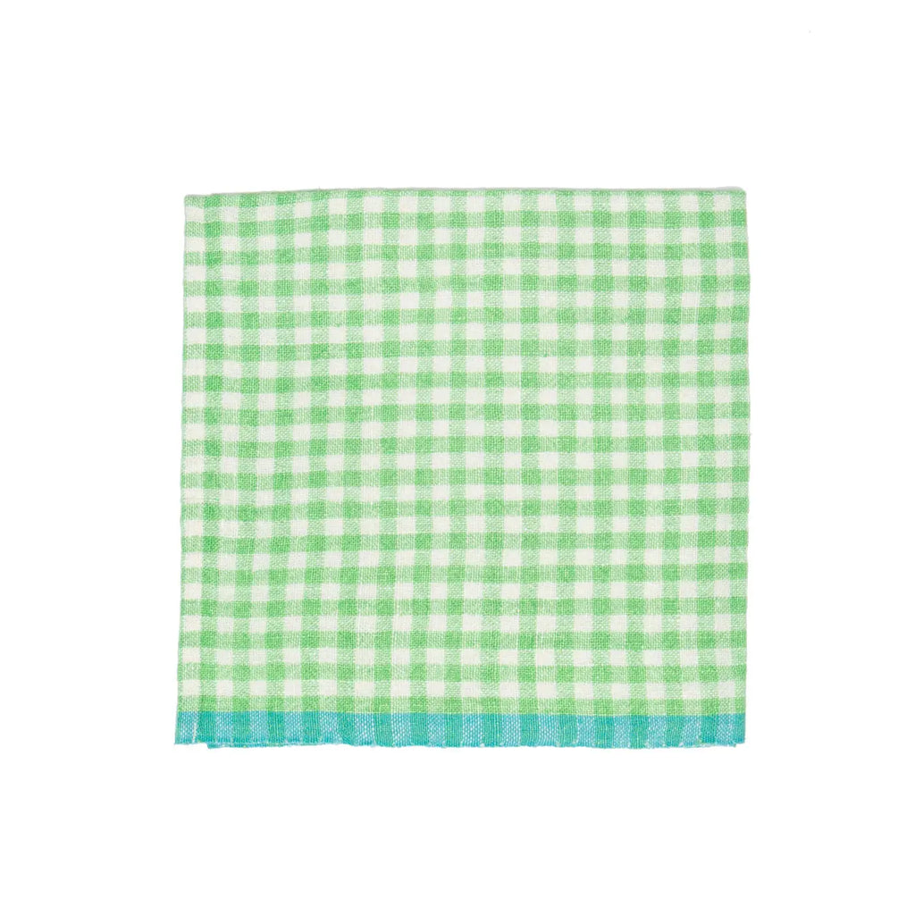 A square cotton napkin with a green and white gingham check pattern and a solid light blue-green fringed edge, displayed flat against a white background.