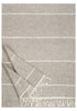 A light gray woven throw blanket with thin white horizontal stripes and fringed edges, shown folded on a white background.