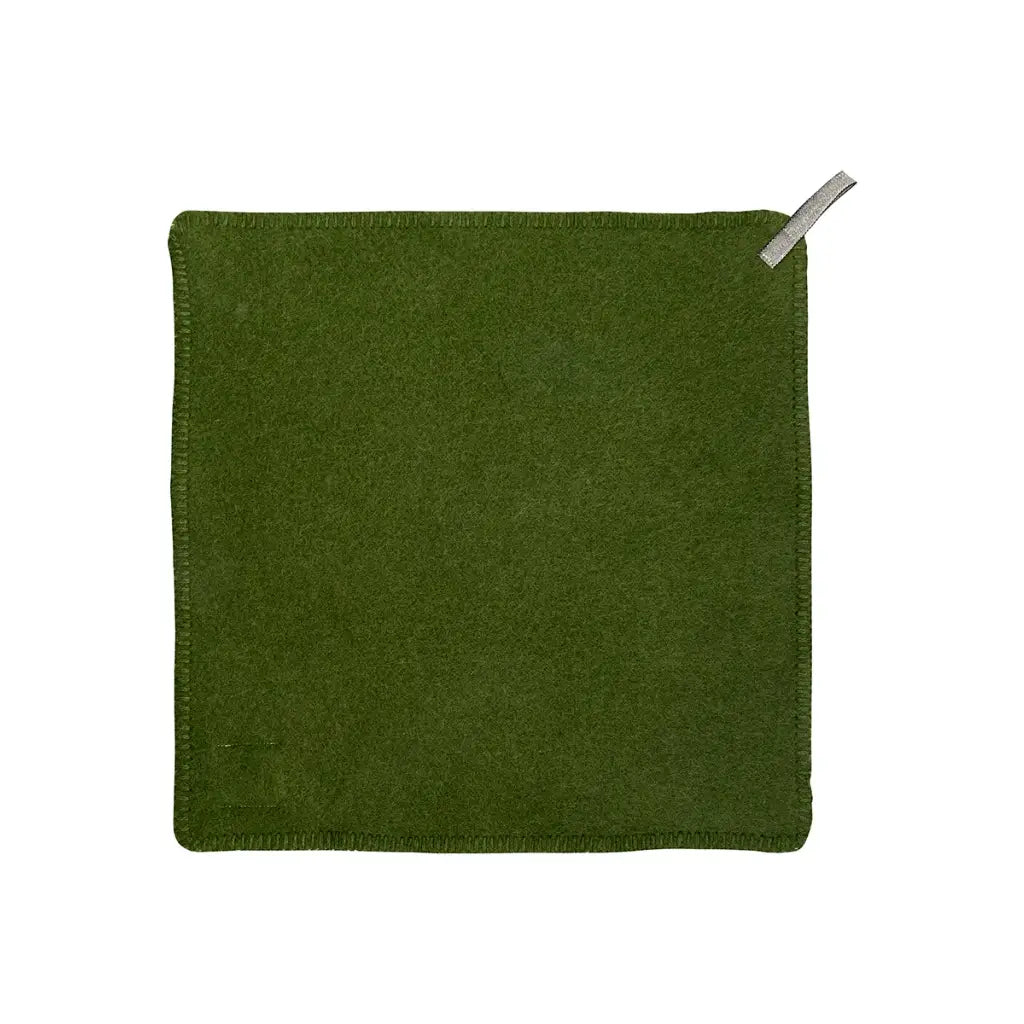 An olive green square seat pad with a small gray fabric loop on the top right corner, shown flat against a plain white background.