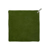 An olive green square seat pad with a small gray fabric loop on the top right corner, shown flat against a plain white background.