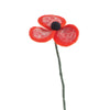 Red felted flower with a black center on a white background