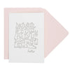 Greeting card with rabbit illustrations and 'hello' text, paired with a pink envelope on a white background.