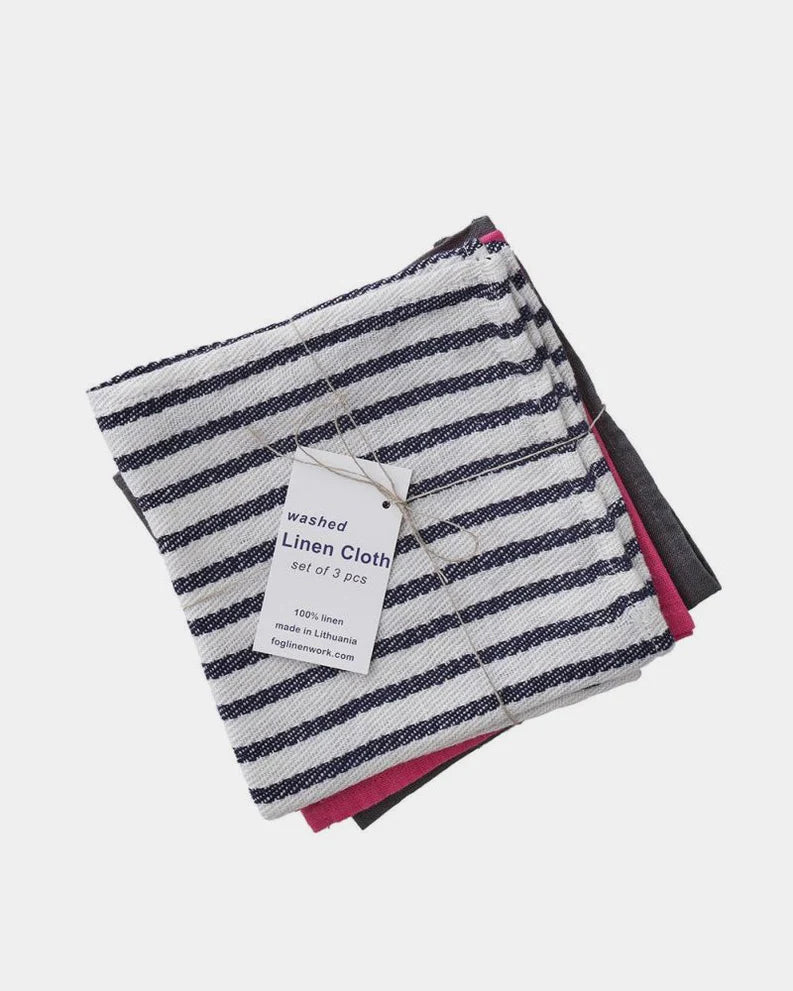 Set of three striped linen cloths with a tag on a white background