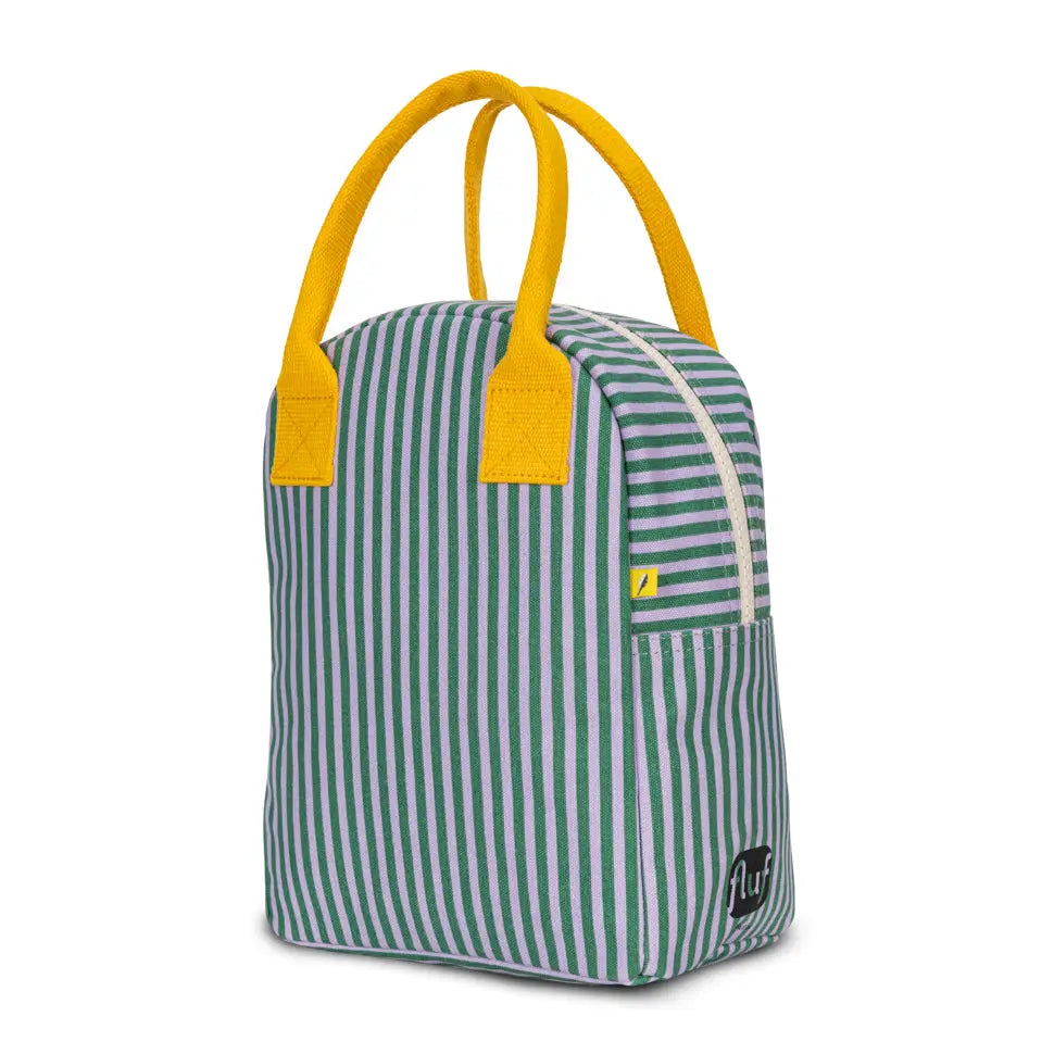 Blue and white striped bag with yellow handles on a white background
