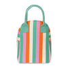 A striped canvas lunch bag with vertical stripes in green, orange, pink, and cream, featuring two top handles and a small yellow zipper pull accent.