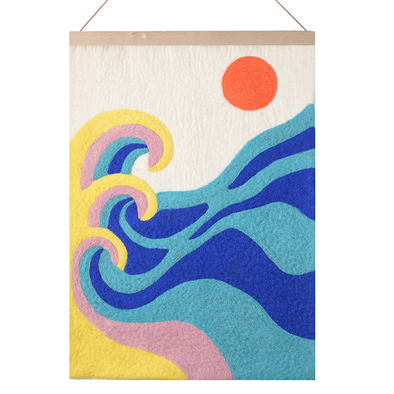 Colorful abstract wave design on a textured fabric with a wooden frame.
